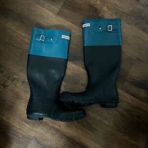 Hunter Two-Tone Teal and Black Original Tall Rain Boots